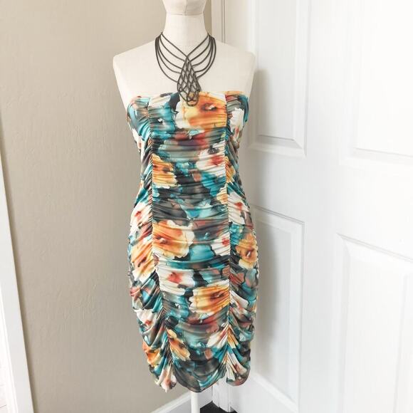 Vintage Baby Phat 1X Dress Y2K Abstract Print Gathered Mini Beaded Blue Orange - Picture 1 of 11